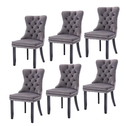 6x Velvet Dining Chairs Upholstered Tufted Kithcen Chair with Solid Wood Legs Stud Trim and Ring-Gray-Furniture &gt; Bar Stools &amp; Chairs-PEROZ Accessories