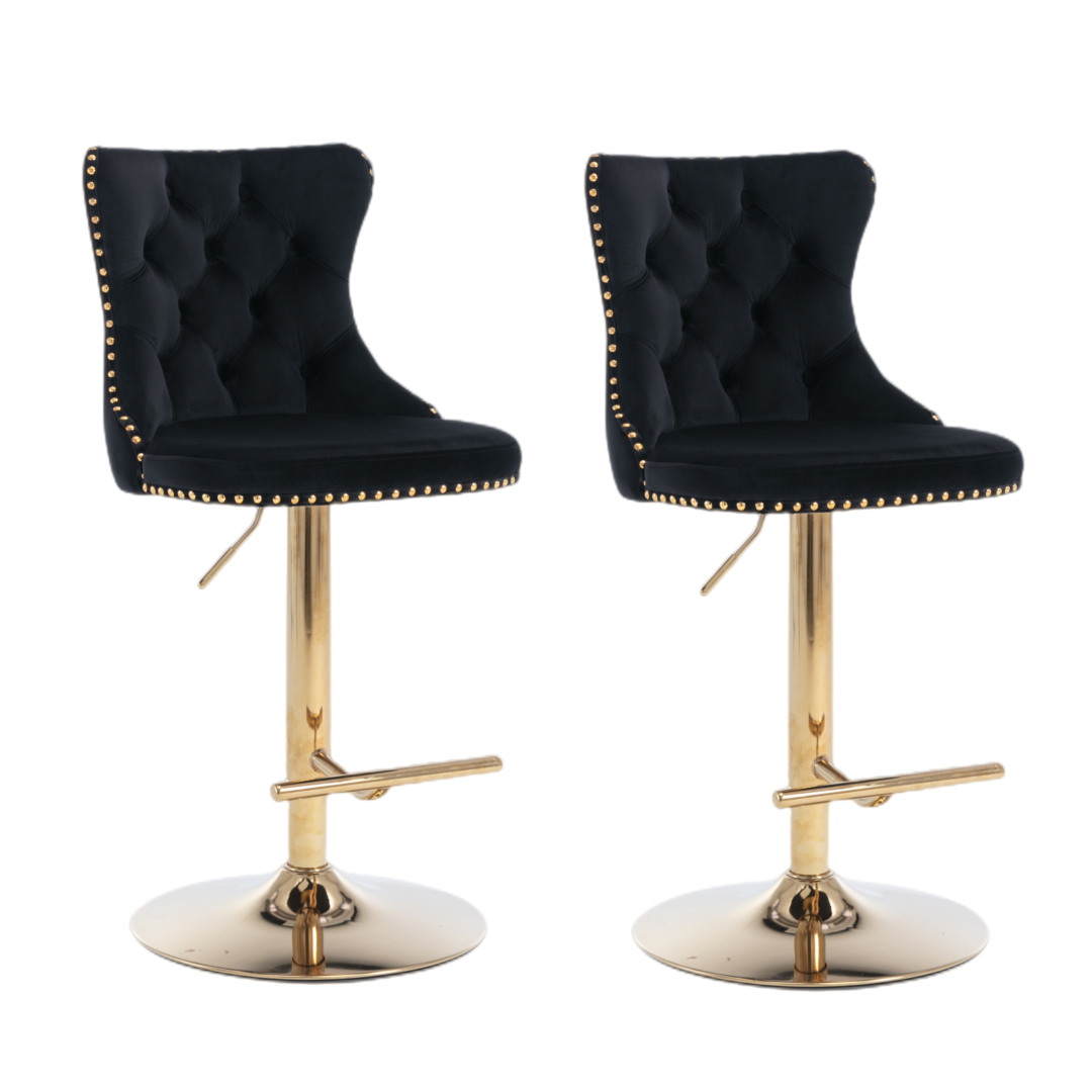 4x Height Adjustable Swivel Bar Stool Velvet Studs Barstool with Footrest and Golden Base- Black-Furniture &gt; Bar Stools &amp; Chairs-PEROZ Accessories