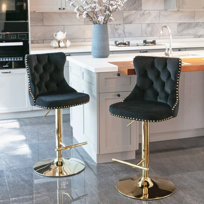 4x Height Adjustable Swivel Bar Stool Velvet Studs Barstool with Footrest and Golden Base- Black-Furniture &gt; Bar Stools &amp; Chairs-PEROZ Accessories