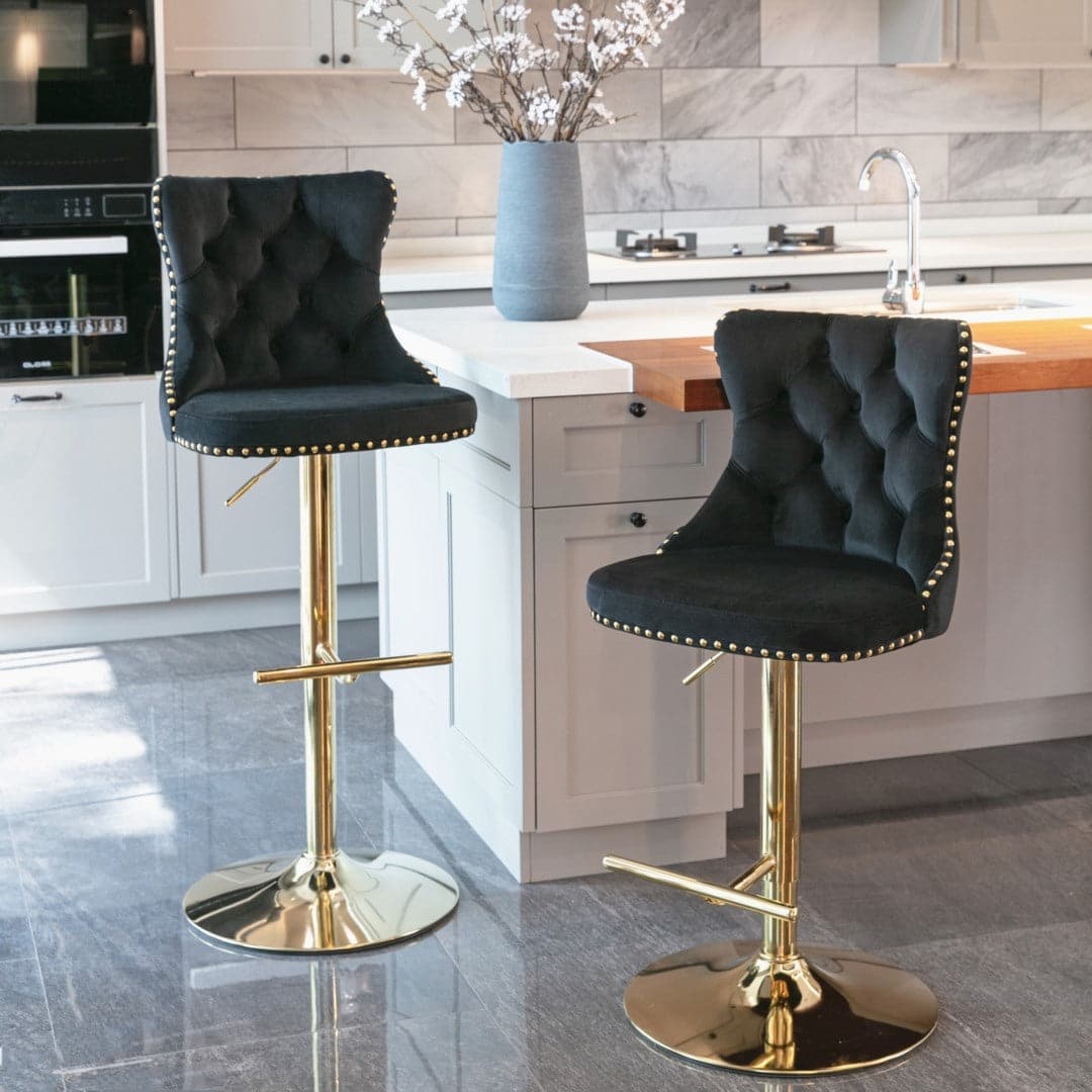 4x Height Adjustable Swivel Bar Stool Velvet Studs Barstool with Footrest and Golden Base- Black-Furniture &gt; Bar Stools &amp; Chairs-PEROZ Accessories