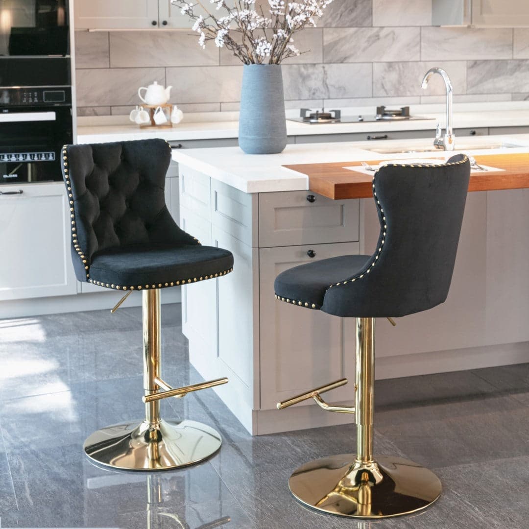 4x Height Adjustable Swivel Bar Stool Velvet Studs Barstool with Footrest and Golden Base- Black-Furniture &gt; Bar Stools &amp; Chairs-PEROZ Accessories