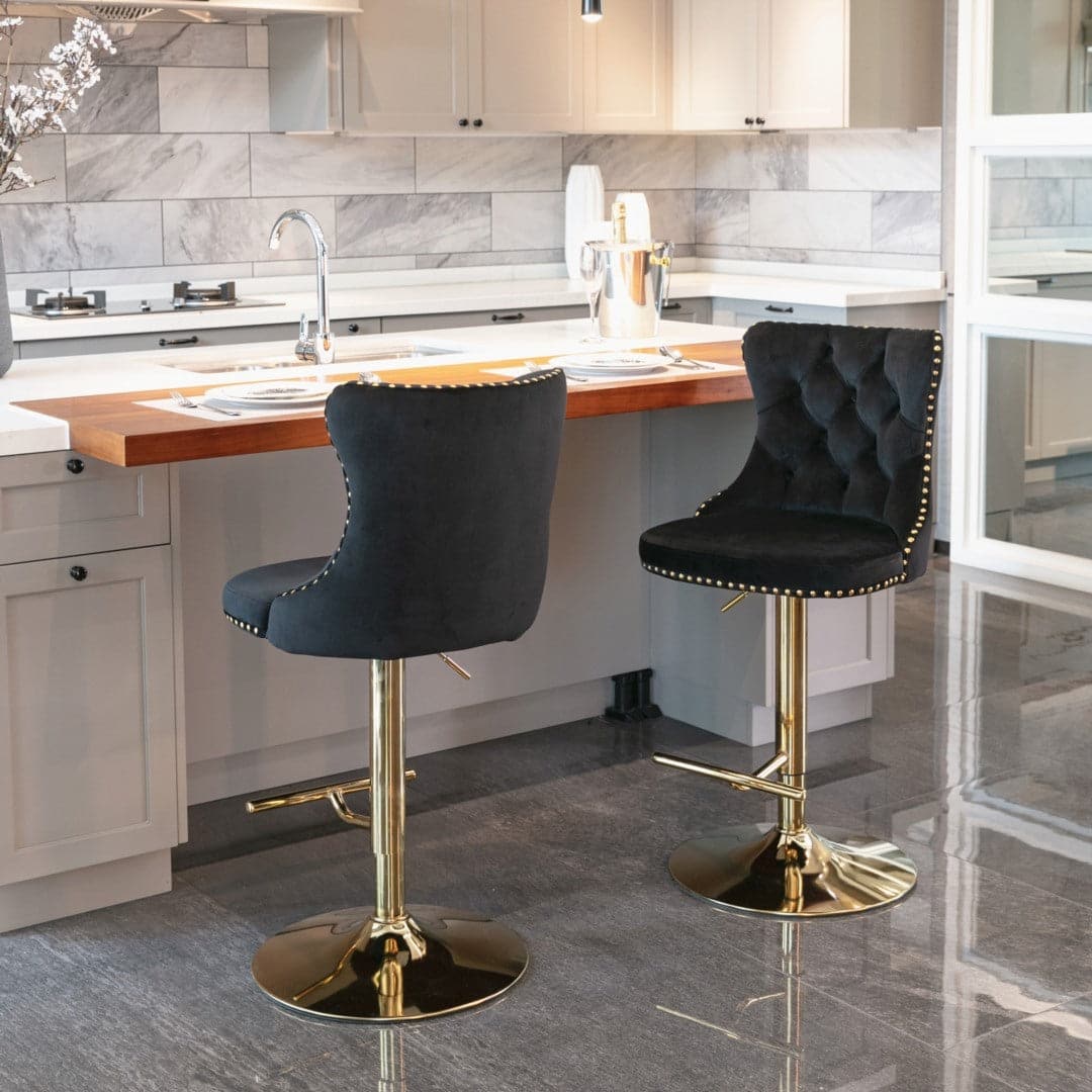 4x Height Adjustable Swivel Bar Stool Velvet Studs Barstool with Footrest and Golden Base- Black-Furniture &gt; Bar Stools &amp; Chairs-PEROZ Accessories