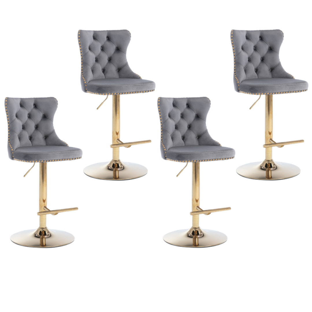 4x Height Adjustable Swivel Bar Stool Velvet Studs Barstool with Footrest and Golden Base- Grey-Furniture &gt; Bar Stools &amp; Chairs-PEROZ Accessories