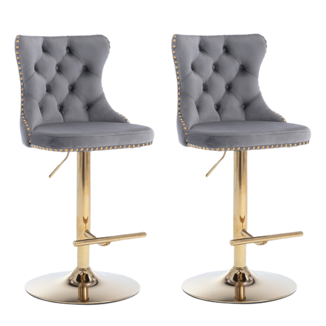 4x Height Adjustable Swivel Bar Stool Velvet Studs Barstool with Footrest and Golden Base- Grey-Furniture &gt; Bar Stools &amp; Chairs-PEROZ Accessories