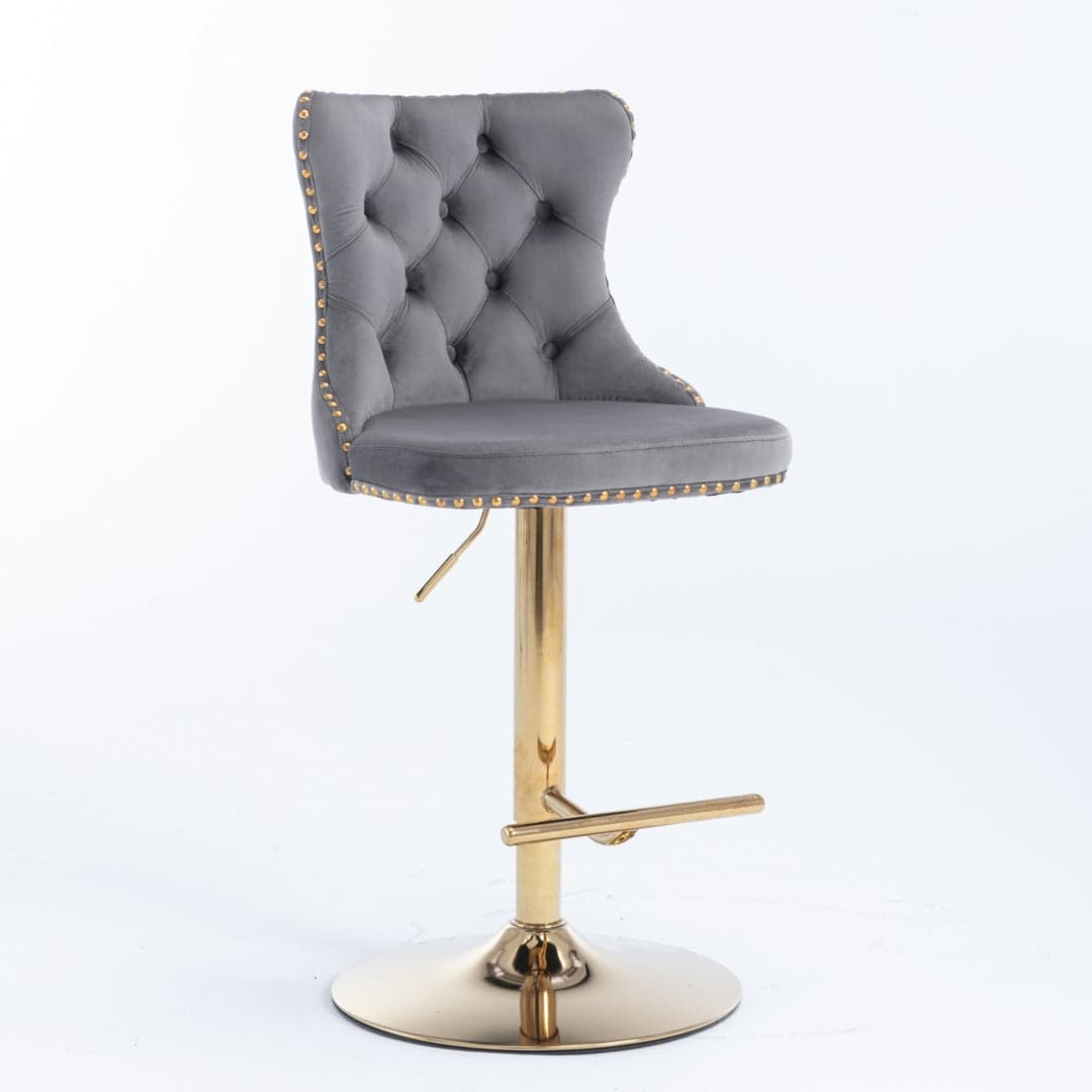 4x Height Adjustable Swivel Bar Stool Velvet Studs Barstool with Footrest and Golden Base- Grey-Furniture &gt; Bar Stools &amp; Chairs-PEROZ Accessories