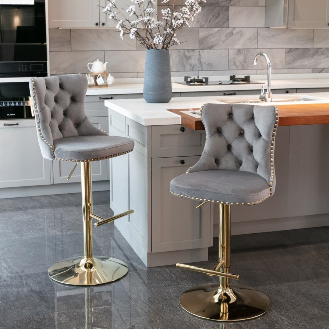 4x Height Adjustable Swivel Bar Stool Velvet Studs Barstool with Footrest and Golden Base- Grey-Furniture &gt; Bar Stools &amp; Chairs-PEROZ Accessories