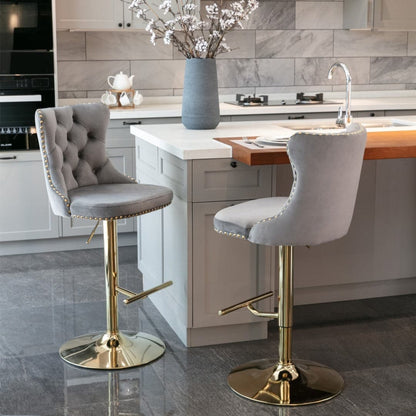 4x Height Adjustable Swivel Bar Stool Velvet Studs Barstool with Footrest and Golden Base- Grey-Furniture &gt; Bar Stools &amp; Chairs-PEROZ Accessories