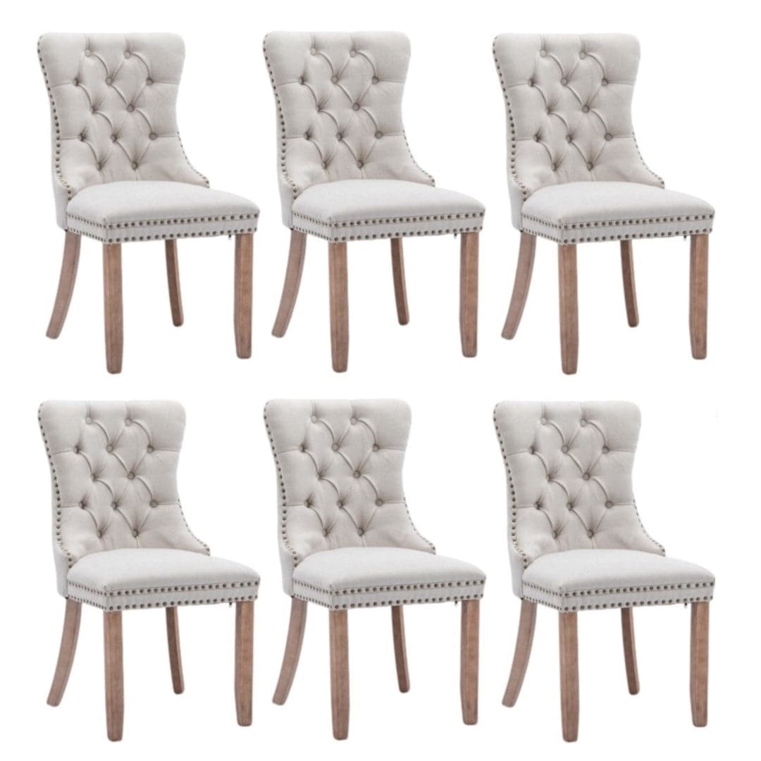 6x AADEN Modern Elegant Button-Tufted Upholstered Linen Fabric with Studs Trim and Wooden legs Dining Side Chair-Beige-Furniture &gt; Bar Stools &amp; Chairs-PEROZ Accessories