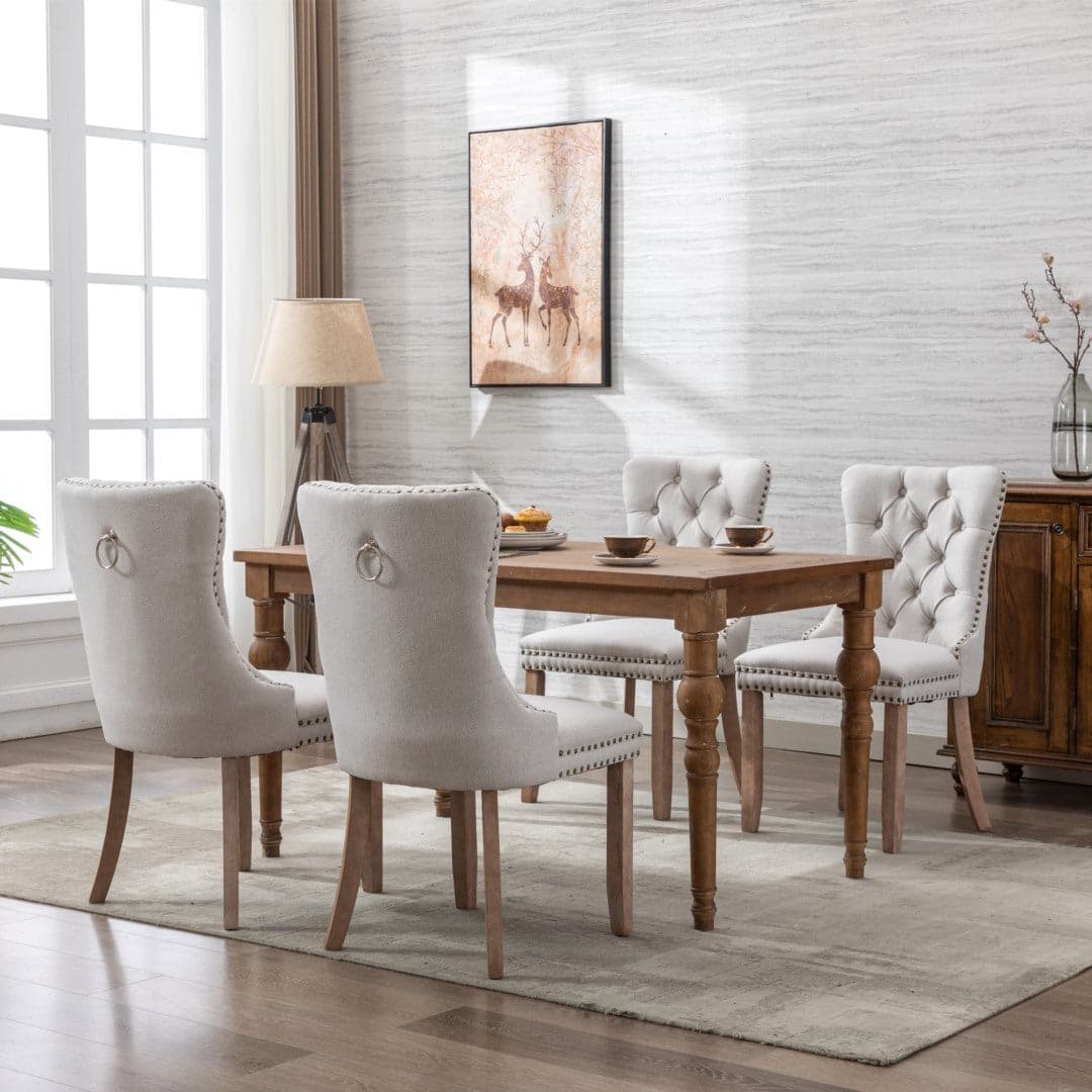 6x AADEN Modern Elegant Button-Tufted Upholstered Linen Fabric with Studs Trim and Wooden legs Dining Side Chair-Beige-Furniture &gt; Bar Stools &amp; Chairs-PEROZ Accessories