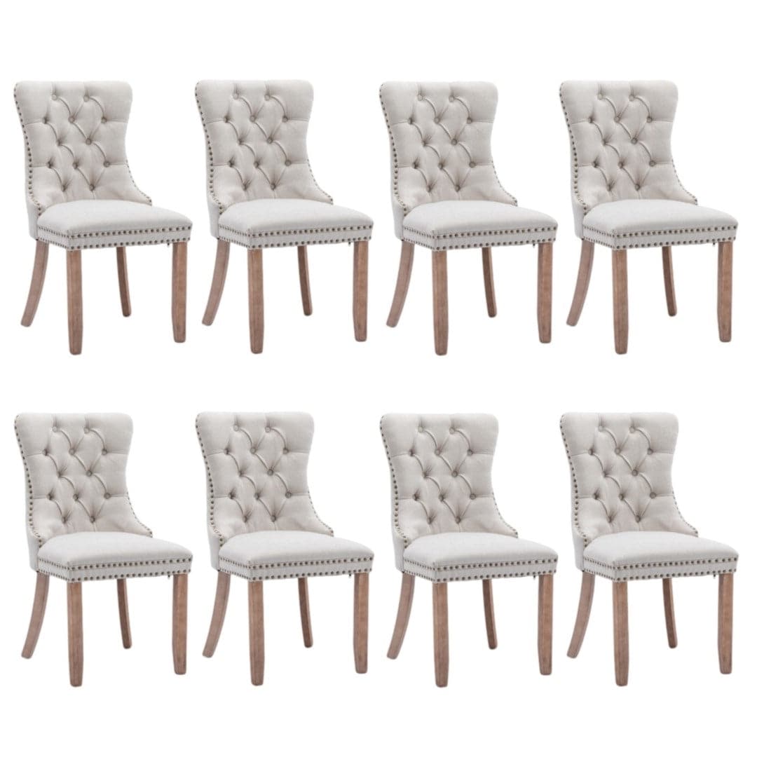 8x AADEN Modern Elegant Button-Tufted Upholstered Linen Fabric with Studs Trim and Wooden legs Dining Side Chair-Beige-Furniture &gt; Bar Stools &amp; Chairs-PEROZ Accessories