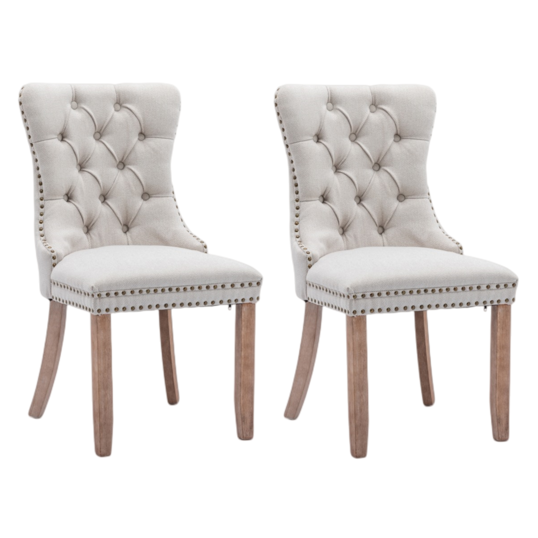 8x AADEN Modern Elegant Button-Tufted Upholstered Linen Fabric with Studs Trim and Wooden legs Dining Side Chair-Beige-Furniture &gt; Bar Stools &amp; Chairs-PEROZ Accessories