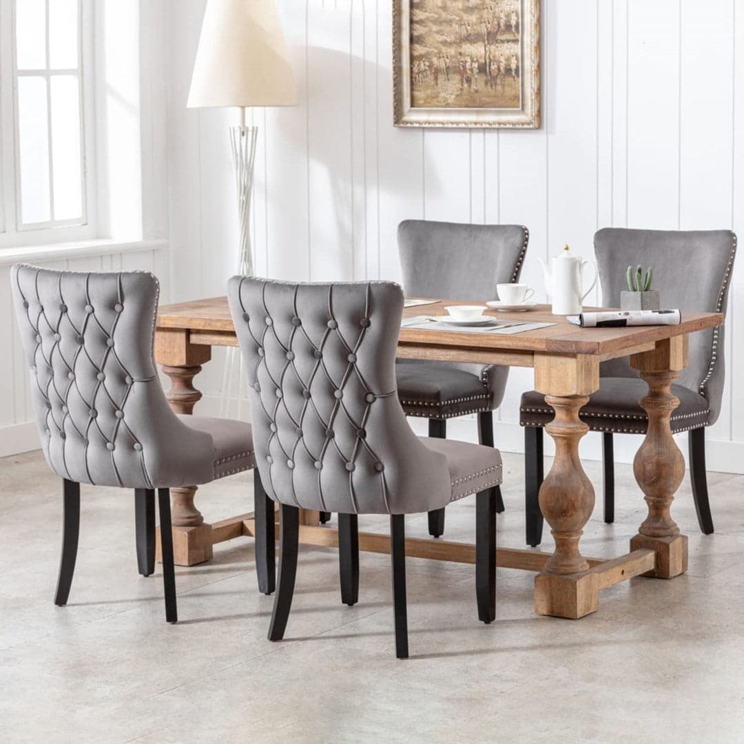 4x Velvet Upholstered Dining Chairs Tufted Wingback Side Chair with Studs Trim Solid Wood Legs for Kitchen-Furniture &gt; Bar Stools &amp; Chairs-PEROZ Accessories