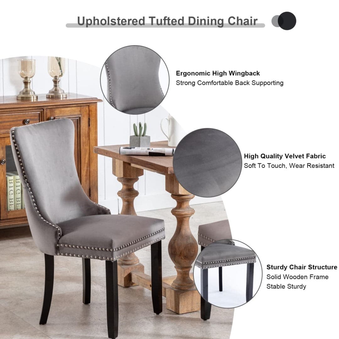 6x Velvet Upholstered Dining Chairs Tufted Wingback Side Chair with Studs Trim Solid Wood Legs for Kitchen-Furniture &gt; Bar Stools &amp; Chairs-PEROZ Accessories