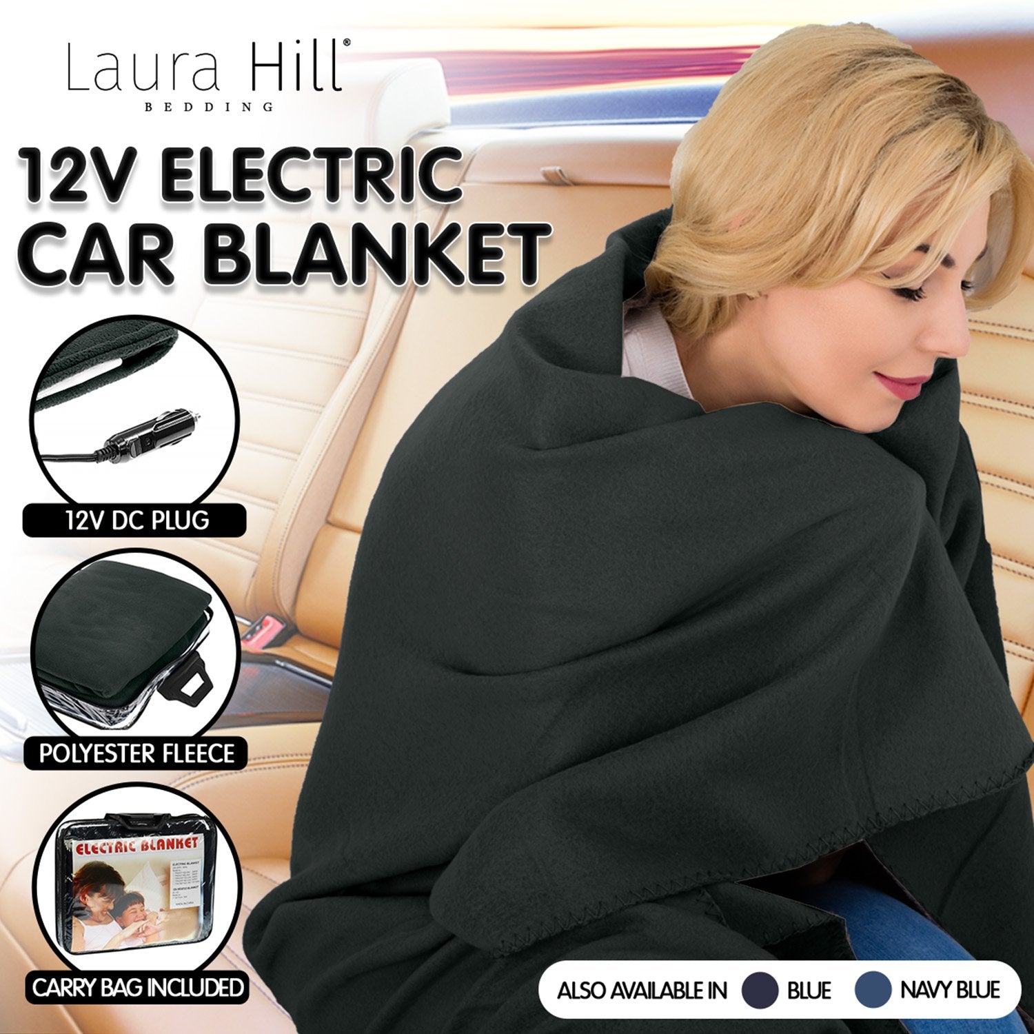 Laura Hill Heated Electric Car Blanket 150x110cm 12v - Black-Electric Throw Blanket-PEROZ Accessories