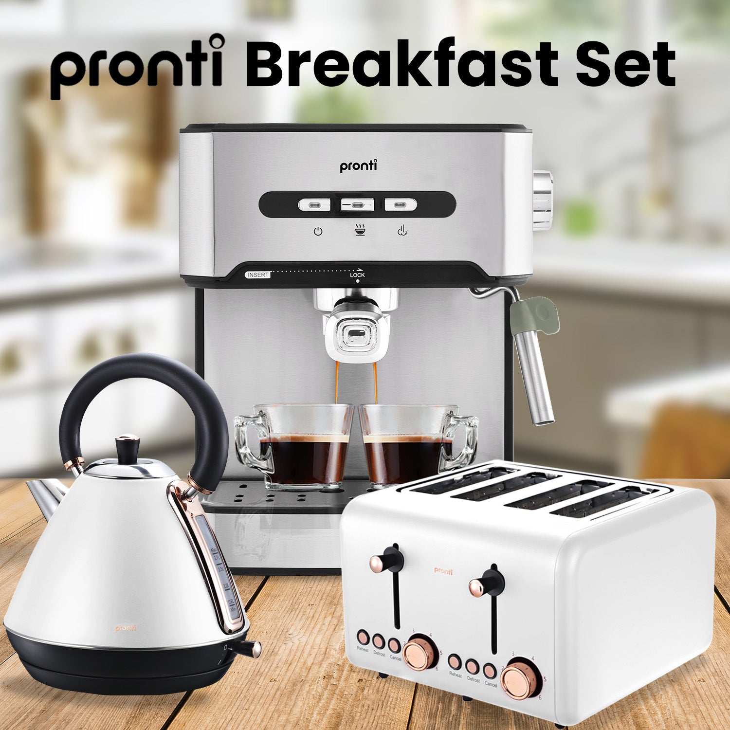 Pronti Toaster, Kettle &amp; Coffee Machine Breakfast Set - White-Appliances &gt; Kitchen Appliances-PEROZ Accessories