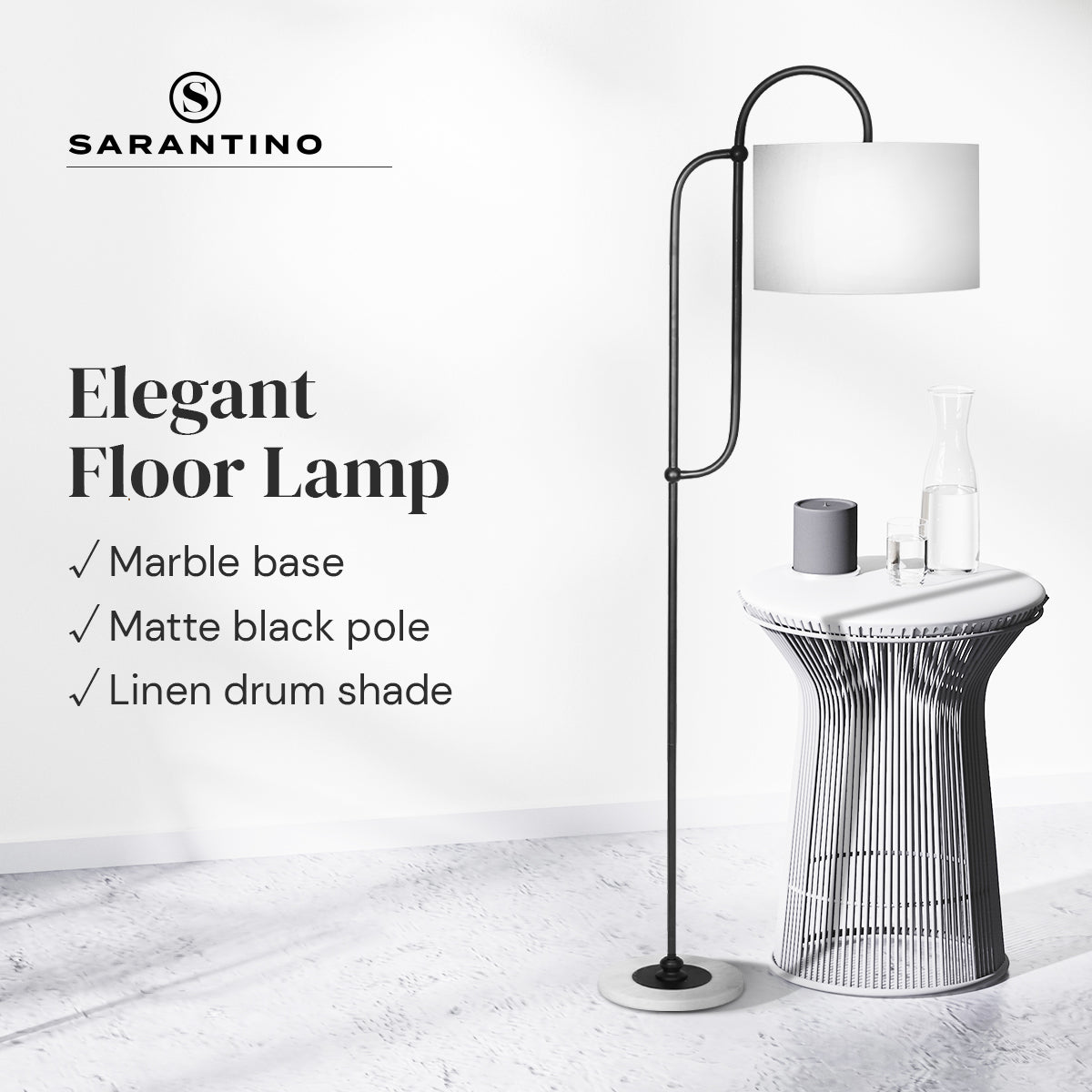 Sarantino Metal Floor Lamp with Marble Base &amp; Off-White Shade-Home &amp; Garden &gt; Lighting-PEROZ Accessories