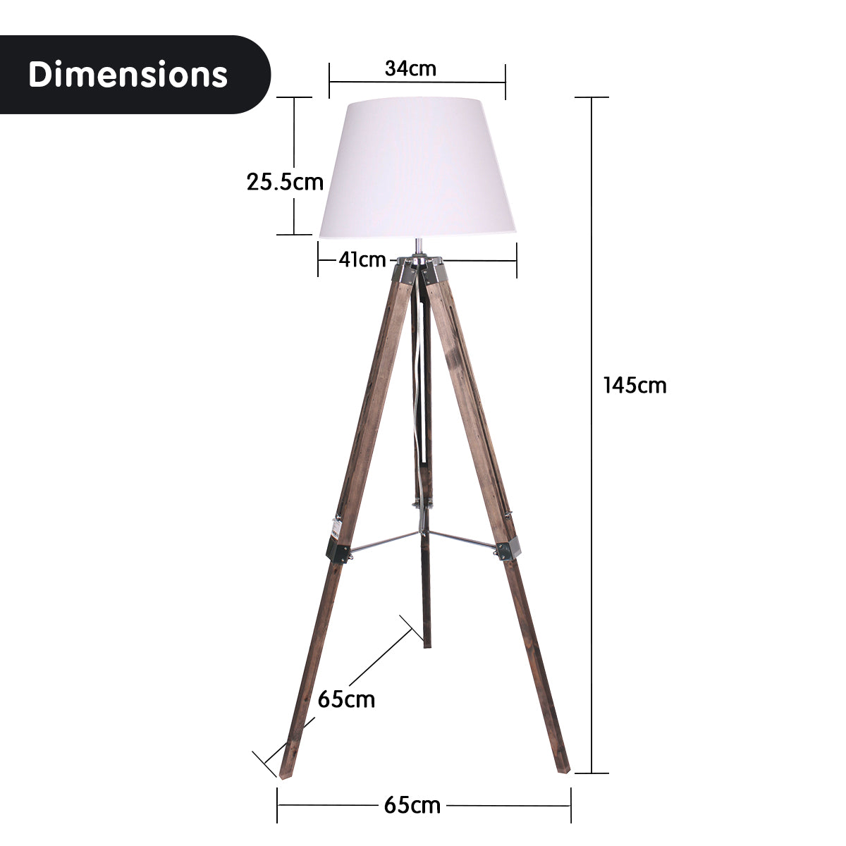 Sarantino Solid Wood Tripod Floor Lamp Adjustable Height White Shade-Home &amp; Garden &gt; Lighting-PEROZ Accessories