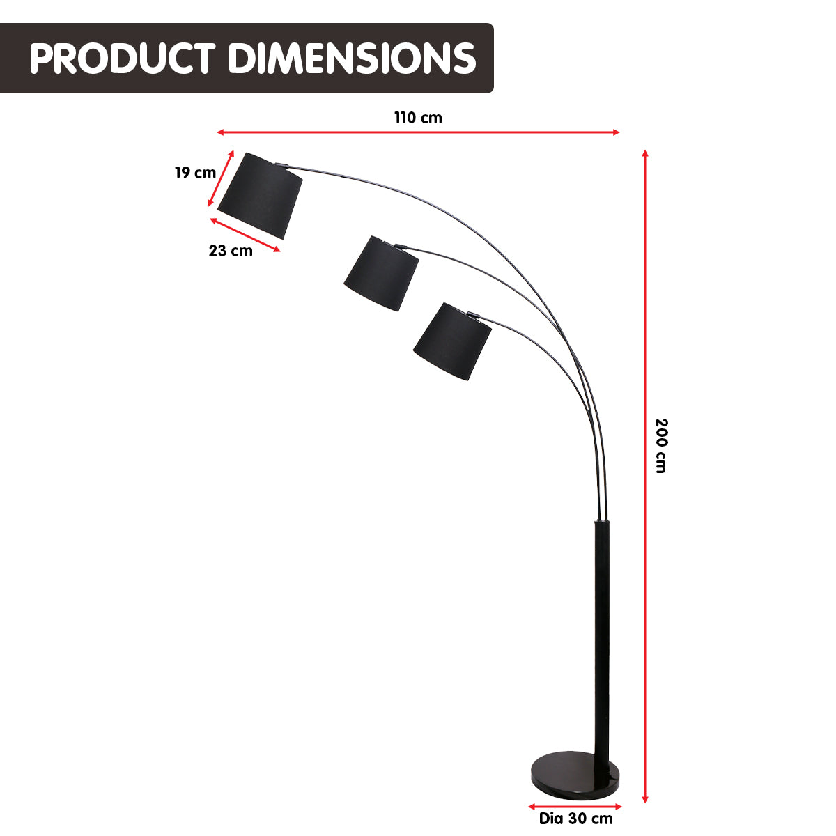 Sarantino 3-Light Arc Floor Lamp Adjustable Black 3 Shades-Home &amp; Garden &gt; Lighting-PEROZ Accessories