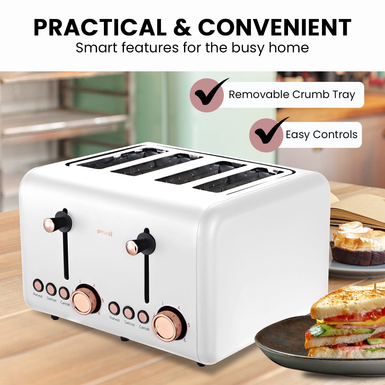 Pronti 4 Slice Toaster Rose Trim Collection - White-Appliances &gt; Kitchen Appliances-PEROZ Accessories