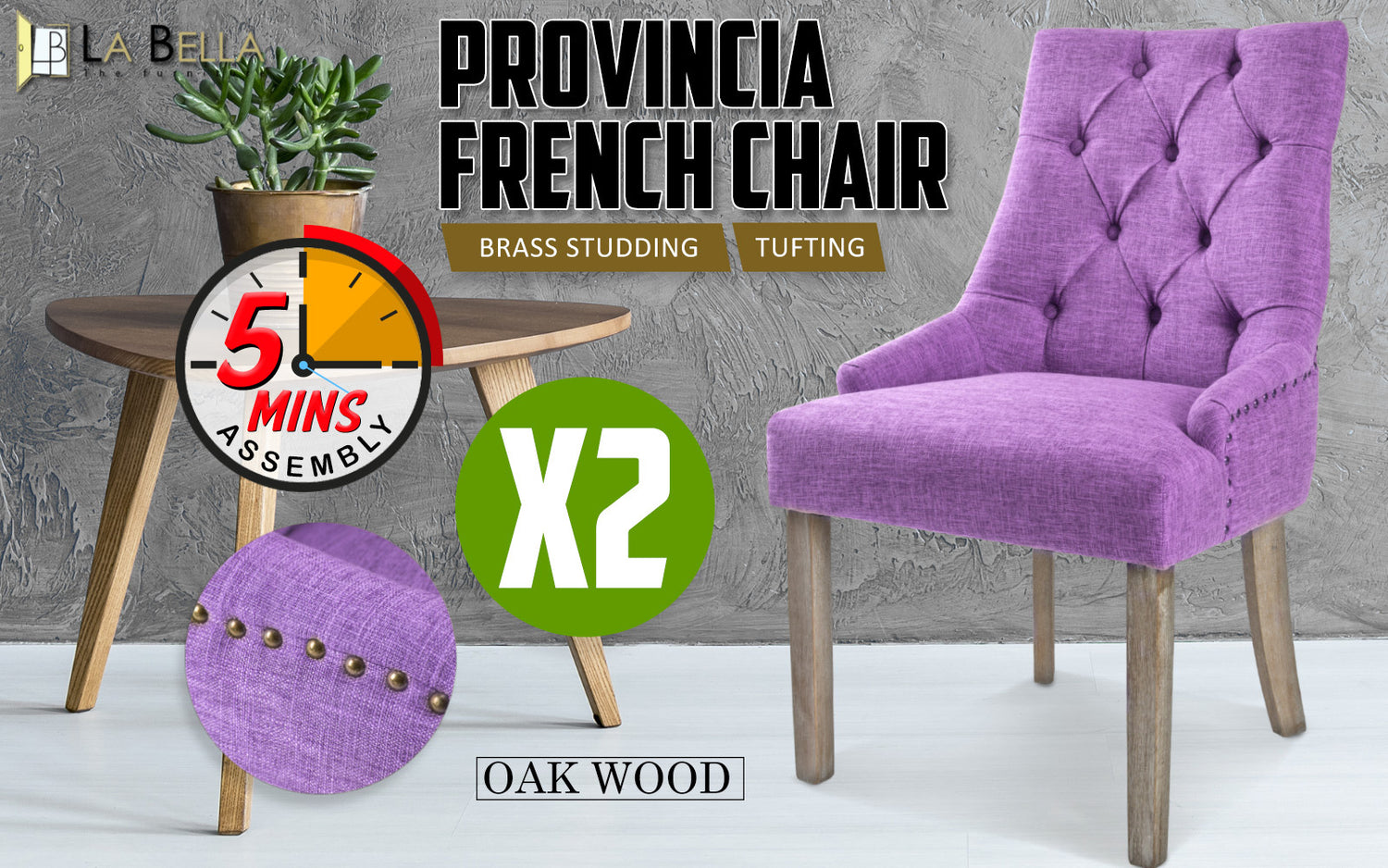 La Bella 2 Set Violet French Provincial Dining Chair Amour Oak Leg-Furniture &gt; Bar Stools &amp; Chairs-PEROZ Accessories