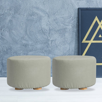 La Bella 2 Set Grey Fabric Ottoman Round Wooden Leg Foot Stool-Ottomans-PEROZ Accessories