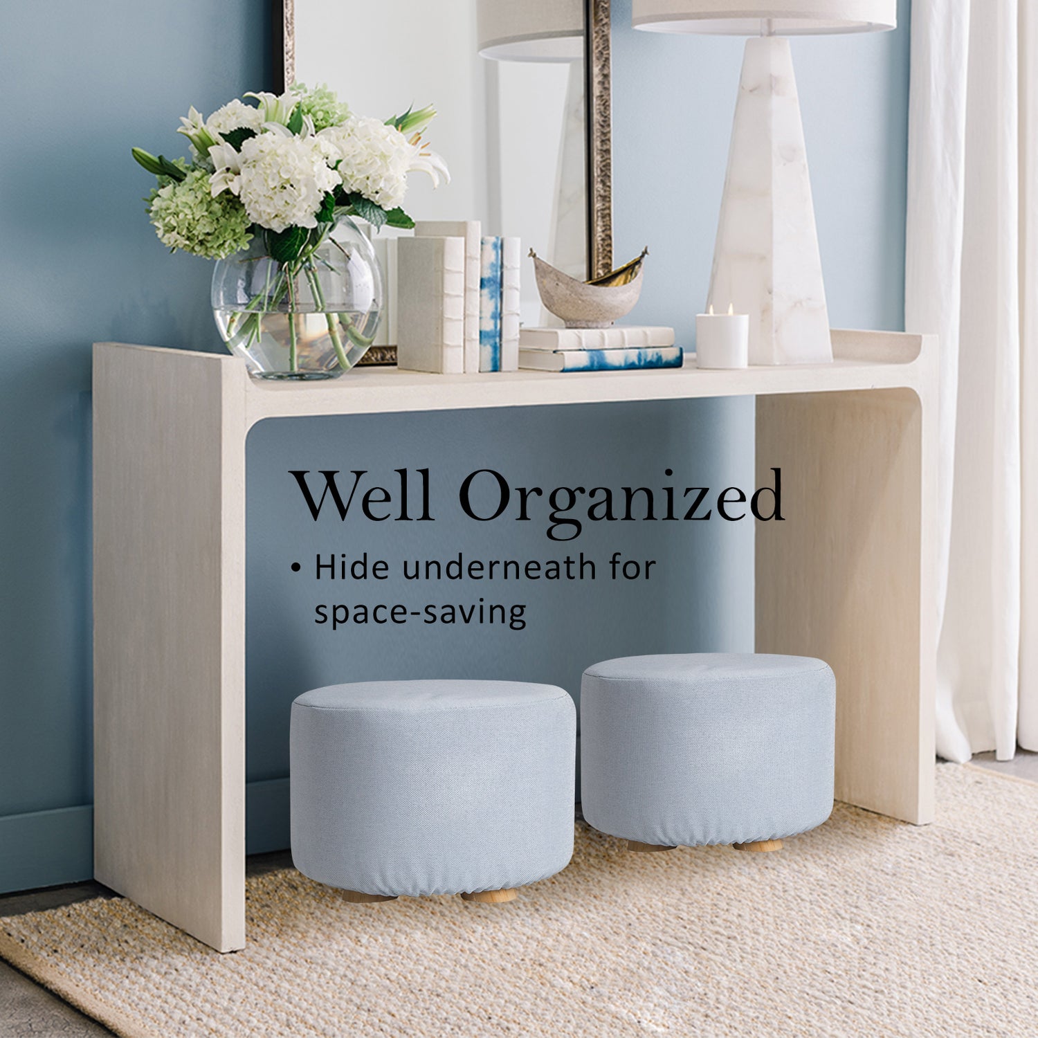 La Bella Light Blue Fabric Ottoman Round Wooden Leg Foot Stool-Ottomans-PEROZ Accessories