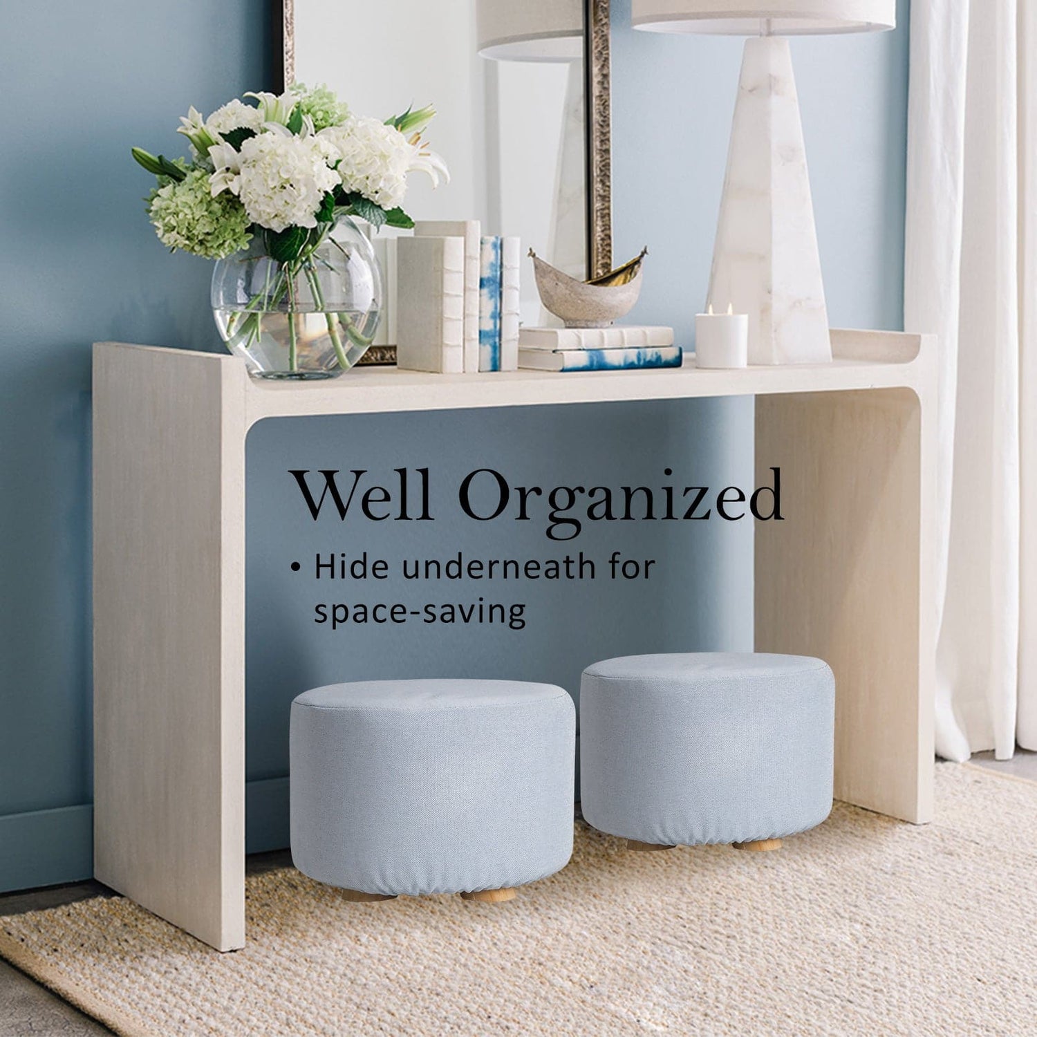 La Bella 2 Set Light Blue Fabric Ottoman Round Wooden Leg Foot Stool-Ottomans-PEROZ Accessories