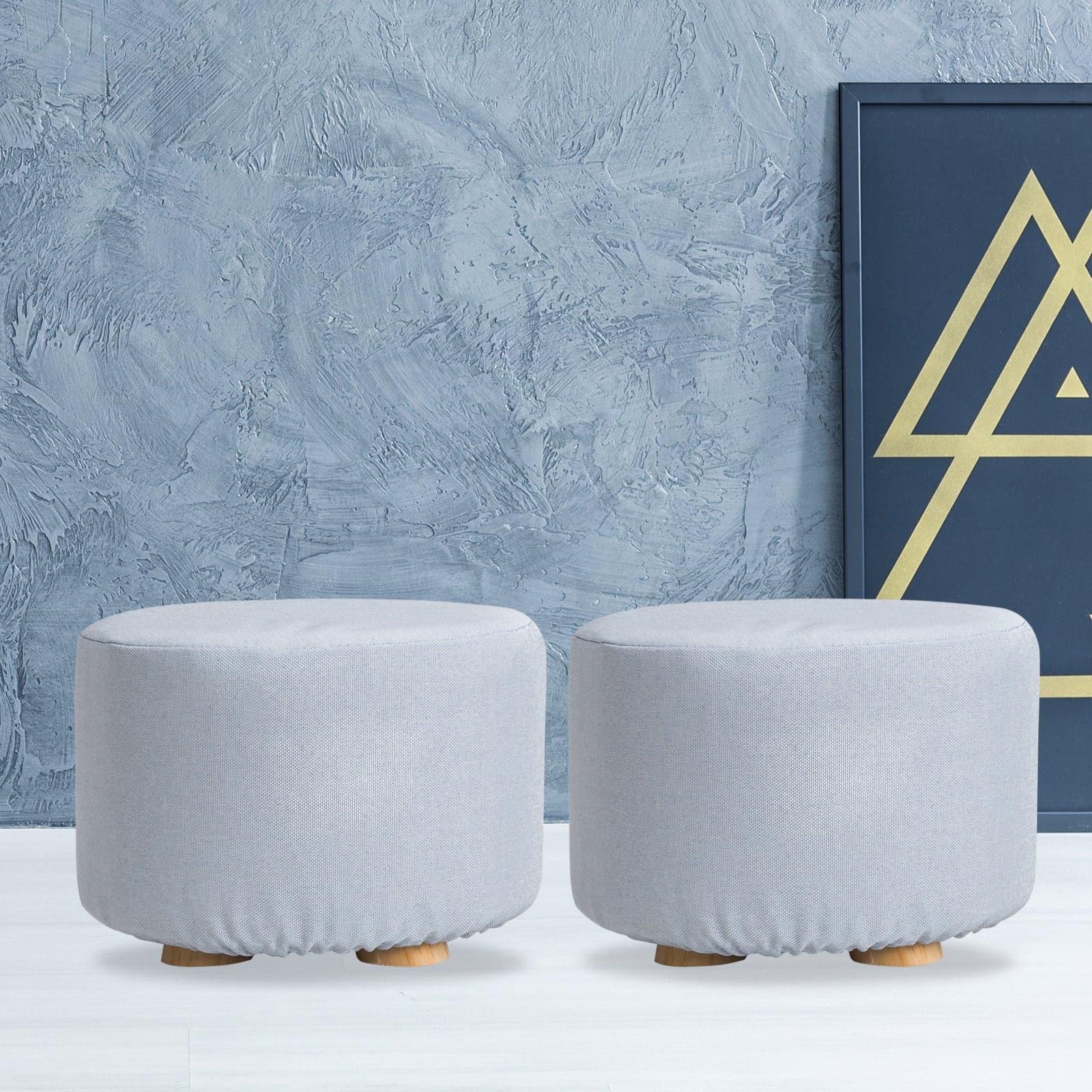 La Bella 2 Set Light Blue Fabric Ottoman Round Wooden Leg Foot Stool-Ottomans-PEROZ Accessories