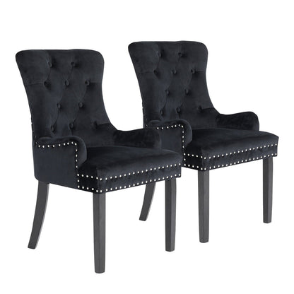 La Bella 2 Set Black French Provincial Dining Chair Ring Studded Lisse Velvet Rubberwood-Furniture &gt; Bar Stools &amp; Chairs-PEROZ Accessories