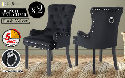 La Bella 2 Set Black French Provincial Dining Chair Ring Studded Lisse Velvet Rubberwood-Furniture &gt; Bar Stools &amp; Chairs-PEROZ Accessories