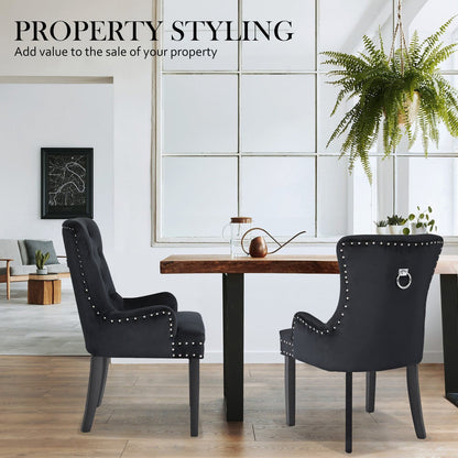 La Bella 2 Set Black French Provincial Dining Chair Ring Studded Lisse Velvet Rubberwood-Furniture &gt; Bar Stools &amp; Chairs-PEROZ Accessories