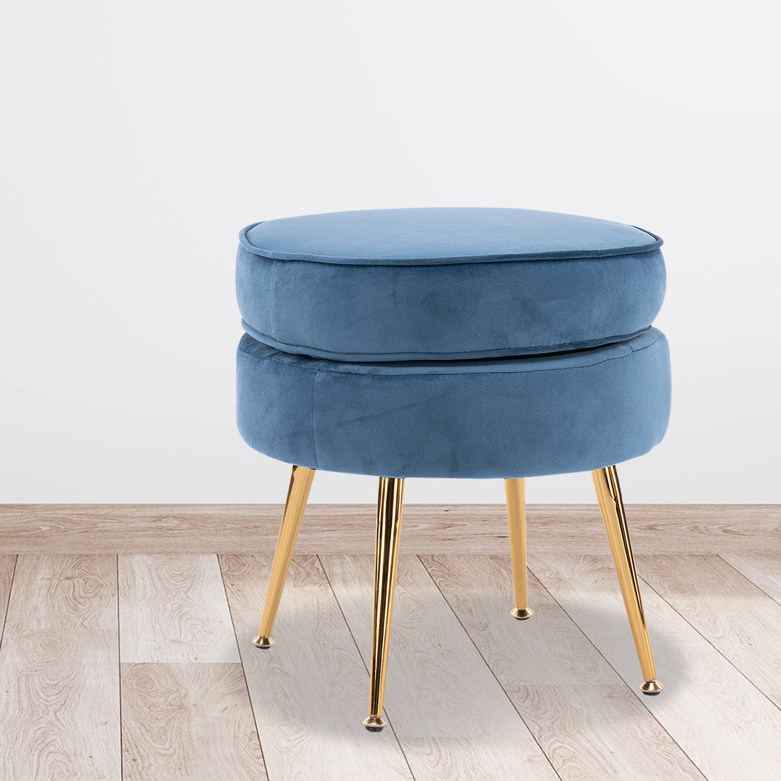 La Bella Navy Blue Round Ottoman Foot Stool Velvet Fabric Metal Leg-Ottomans-PEROZ Accessories