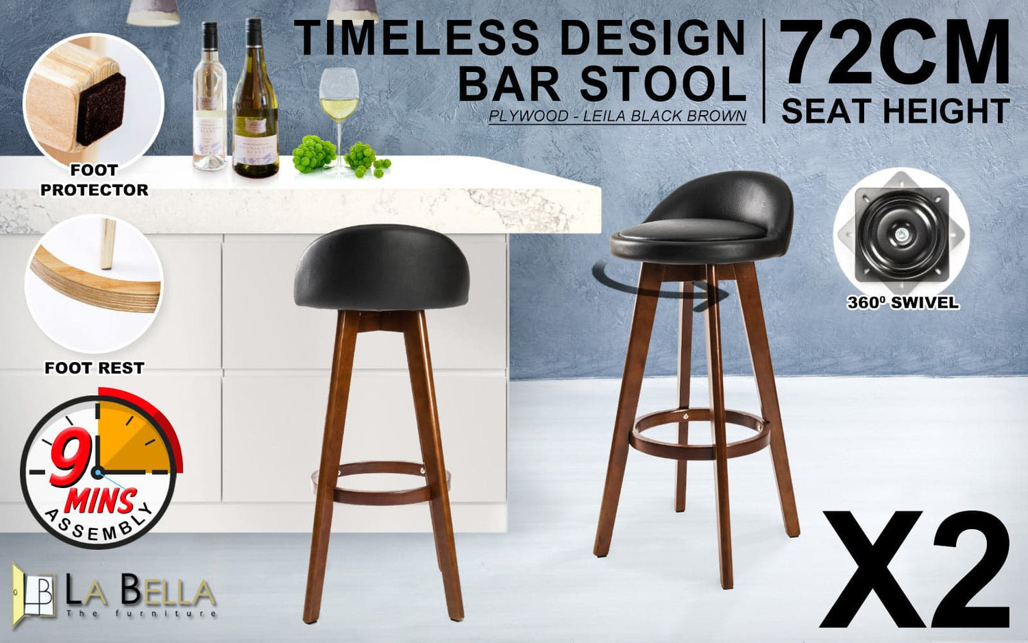 La Bella 2 Set 72cm Black Brown Wooden Bar Stool Leila Leather-Furniture &gt; Bar Stools &amp; Chairs-PEROZ Accessories