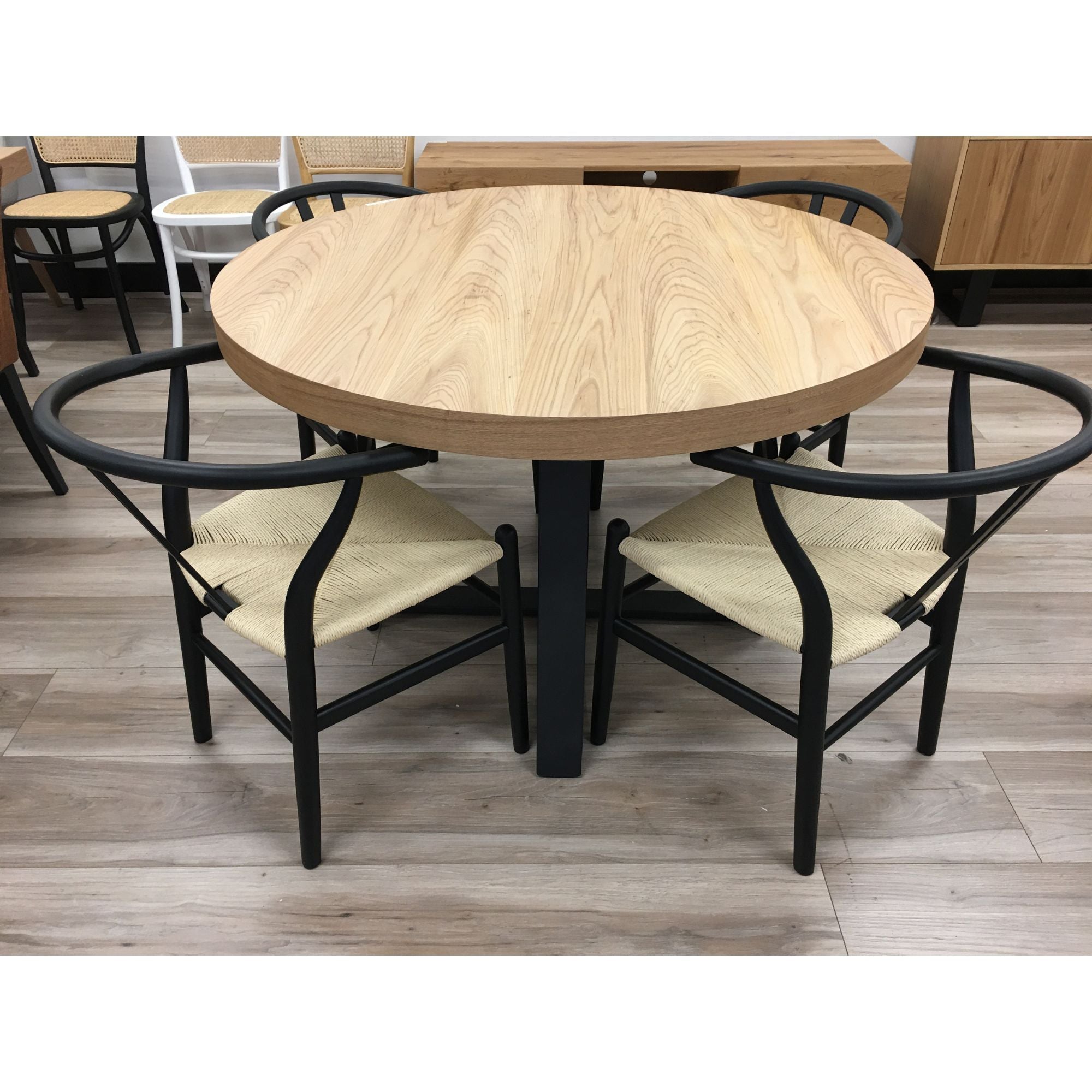 Petunia Round Dining Table 120cm Elm Timber Wood Black Metal Leg - Natural-Furniture &gt; Dining-PEROZ Accessories