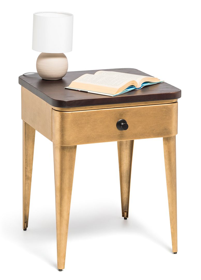 Modern Bedside Table in Brass Finish with Storage Drawer and Wood Top-Furniture &gt; Bedroom-PEROZ Accessories