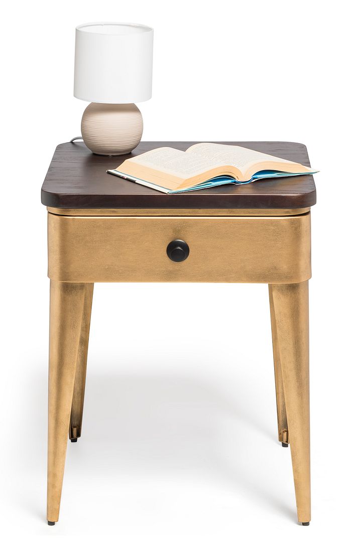 Modern Bedside Table in Brass Finish with Storage Drawer and Wood Top-Furniture &gt; Bedroom-PEROZ Accessories