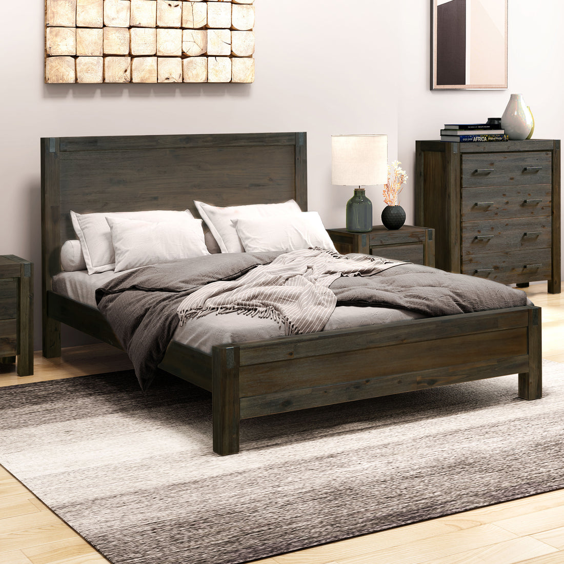 Bed Frame Double Size in Solid Wood Veneered Acacia Bedroom Timber Slat in Chocolate-Bed Frames-PEROZ Accessories