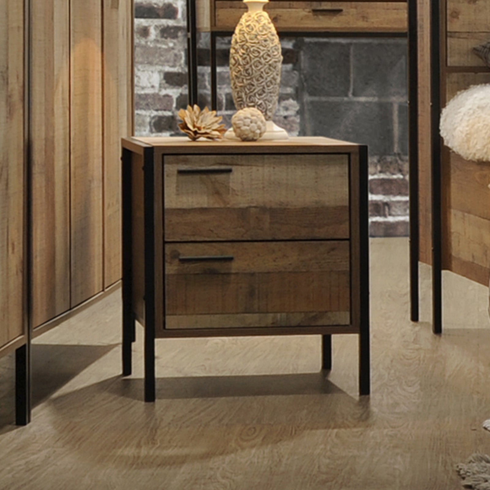 Bedside Table 2 drawers Night Stand Particle Board Construction in Oak Colour-Furniture &gt; Bedroom-PEROZ Accessories