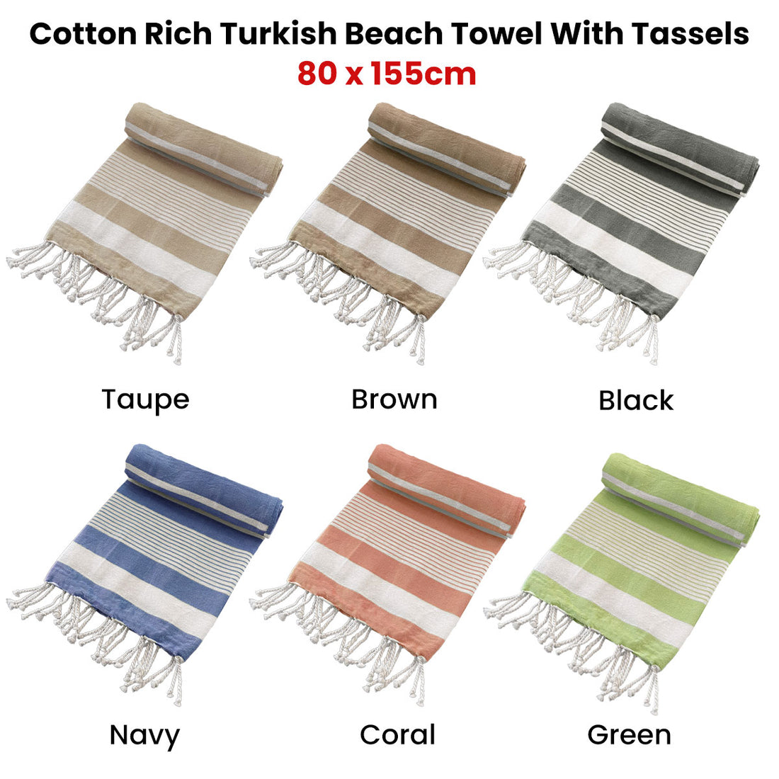 Cotton Rich Large Turkish Beach Towel with Tassels 80cm x 155cm Taupe-Home &amp; Garden &gt; Bathroom Accessories-PEROZ Accessories