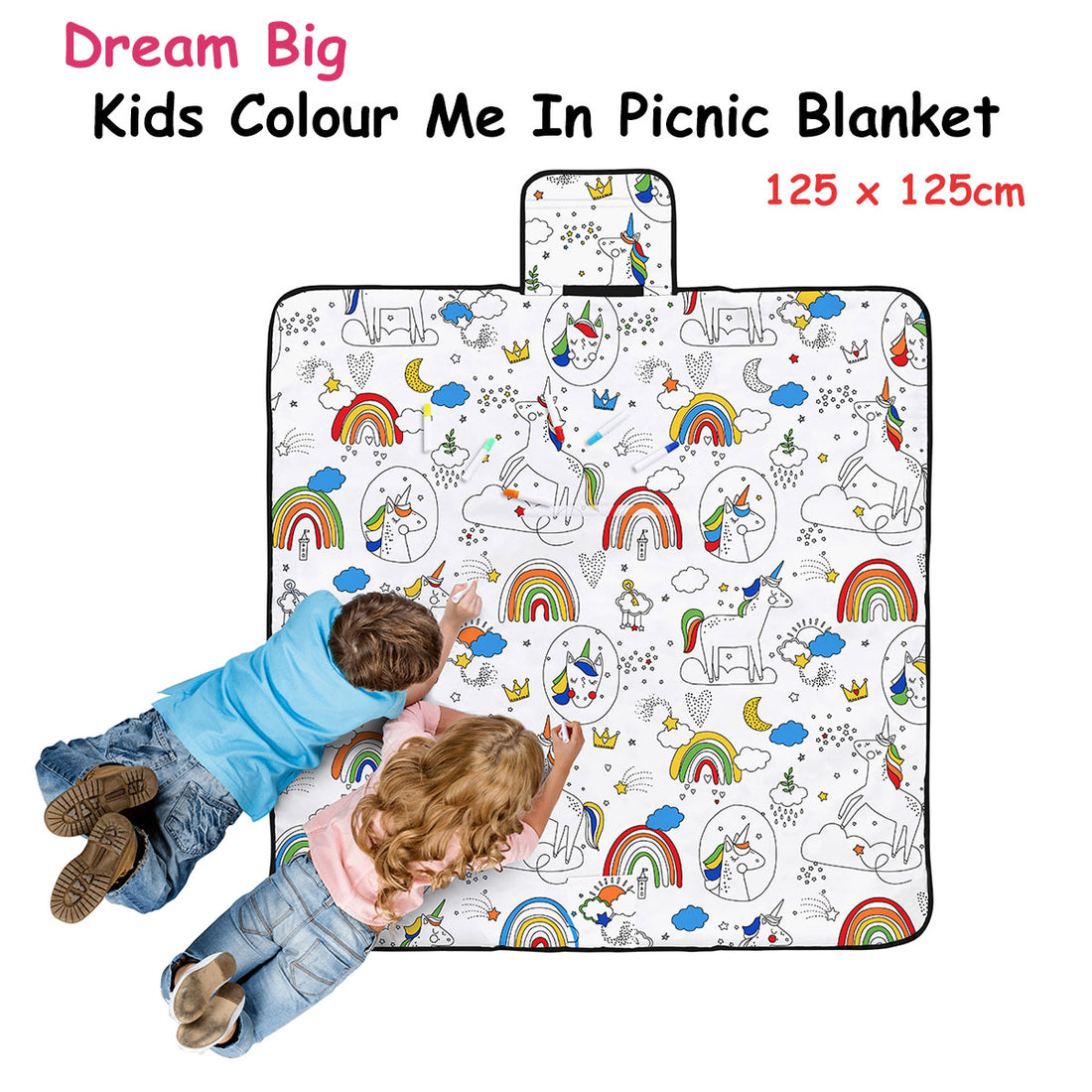 Happy Kids Dream Big Colour Me In Picnic Blanket 125 x 125 cm-Home &amp; Garden &gt; Bedding-PEROZ Accessories