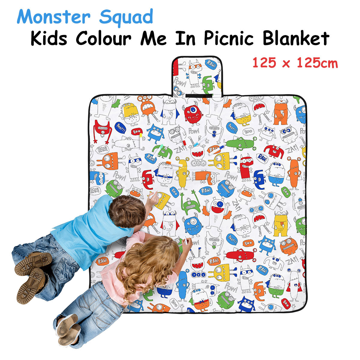 Happy Kids Monster Squad Colour Me In Picnic Blanket 125 x 125 cm-Home &amp; Garden &gt; Bedding-PEROZ Accessories