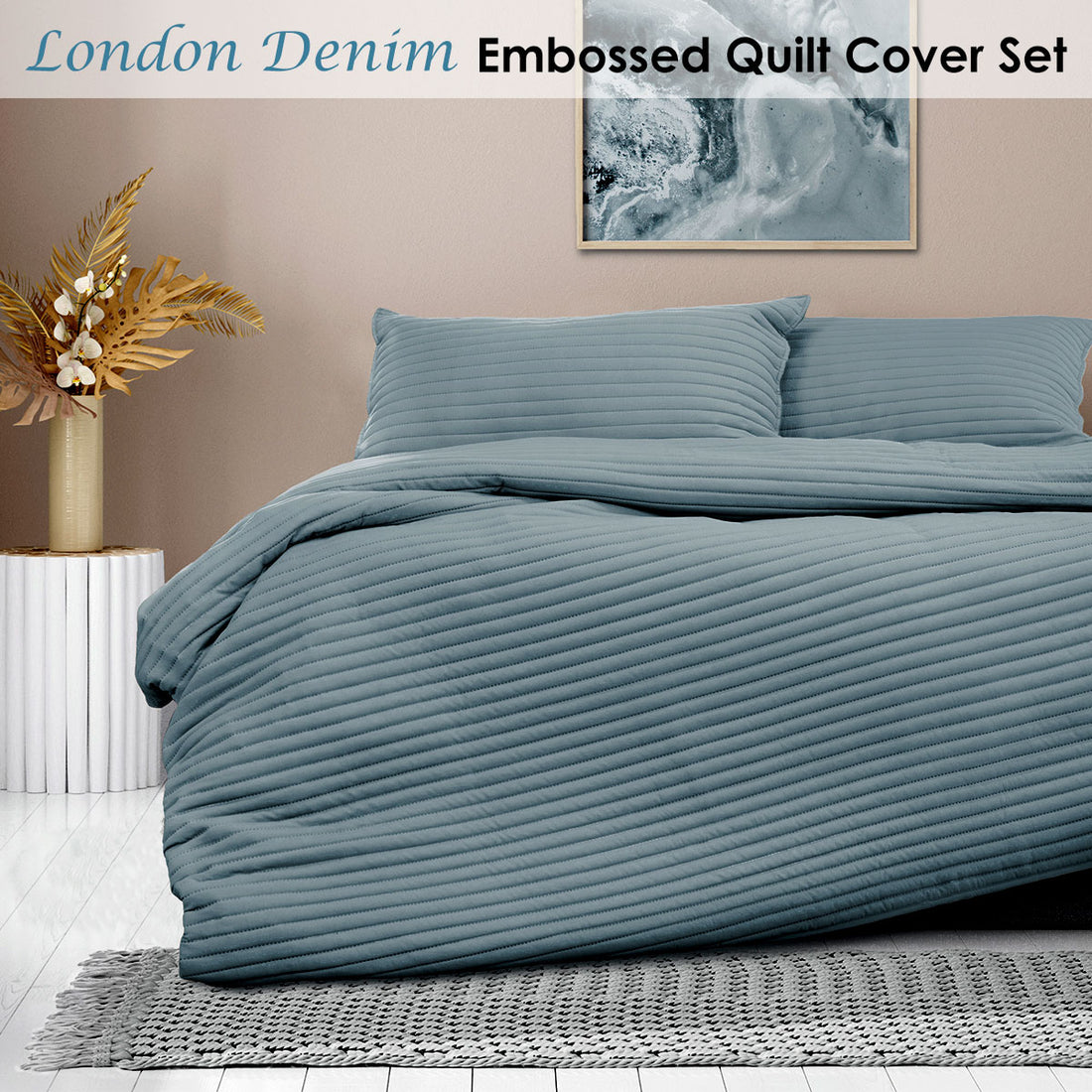 Ardor London Denim Embossed Quilt Cover Set Queen-Home &amp; Garden &gt; Bedding-PEROZ Accessories