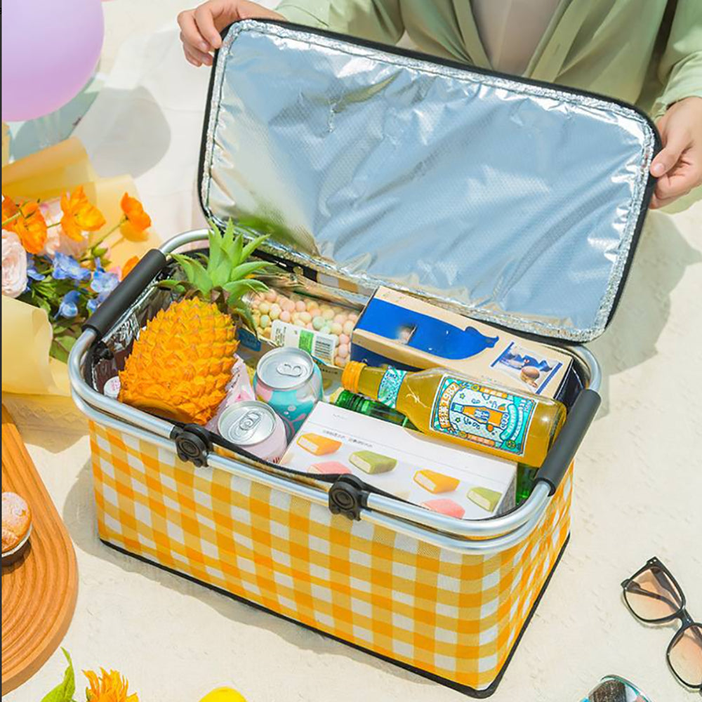 Collapsible Outdoor Camping Portable Insulated Picnic Basket Camping Picnic Ice Pack(Yellow Grid)-Outdoor &gt; Picnic-PEROZ Accessories