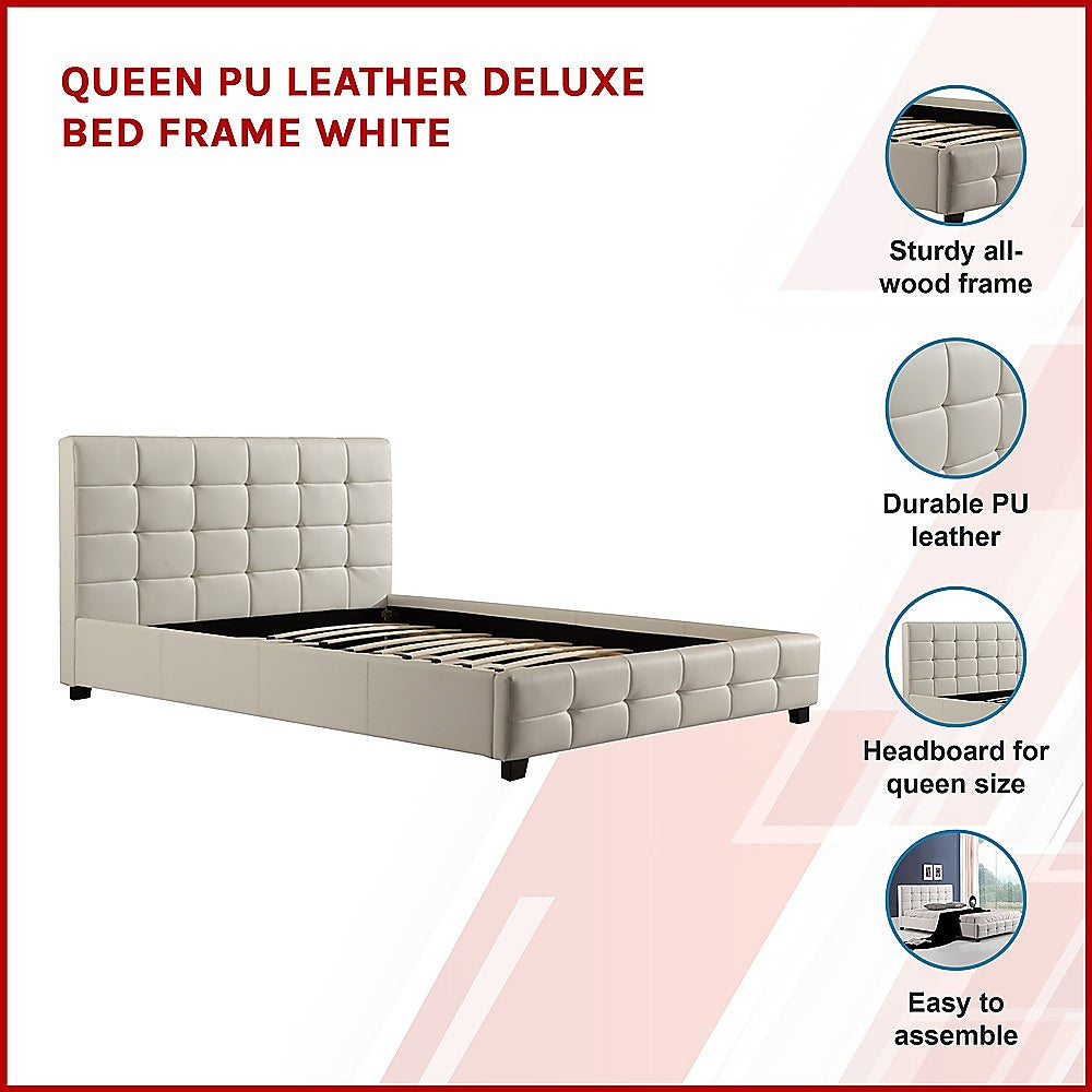 Queen PU Leather Deluxe Bed Frame White-Bed Frames-PEROZ Accessories