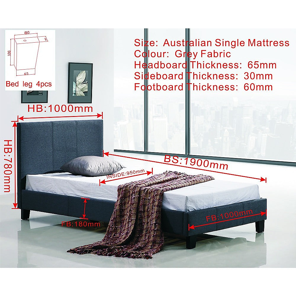 Single Linen Fabric Bed Frame Grey-Furniture &gt; Bedroom-PEROZ Accessories