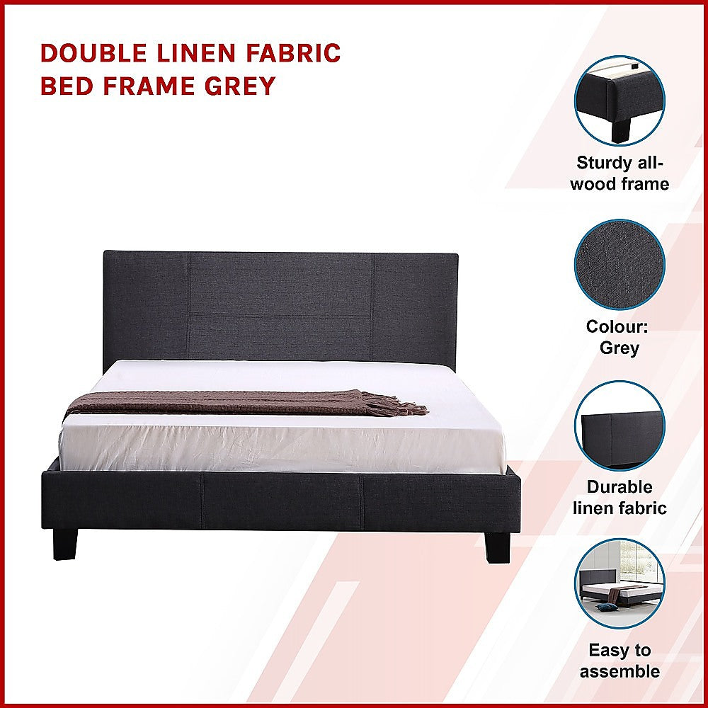 Double Linen Fabric Bed Frame Grey-Furniture &gt; Bedroom-PEROZ Accessories