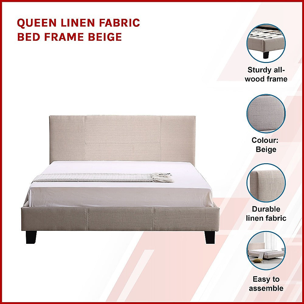 Queen Linen Fabric Bed Frame Beige-Furniture &gt; Bedroom-PEROZ Accessories