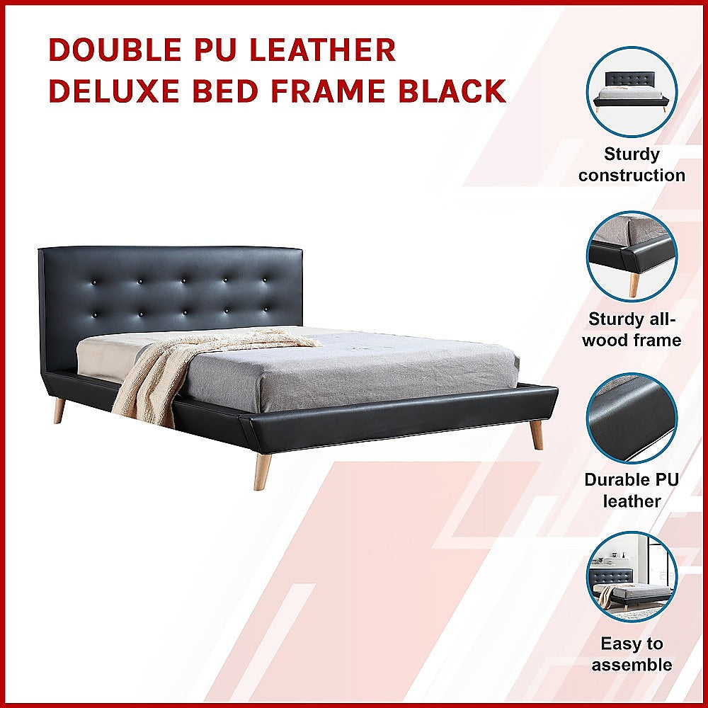 Double PU Leather Deluxe Bed Frame Black-Furniture &gt; Bedroom-PEROZ Accessories