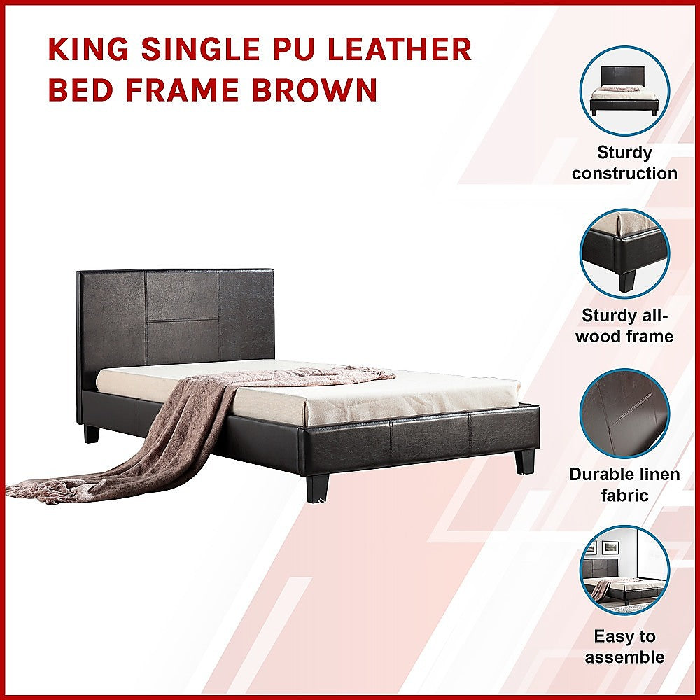 King Single PU Leather Bed Frame Brown-Furniture &gt; Bedroom-PEROZ Accessories