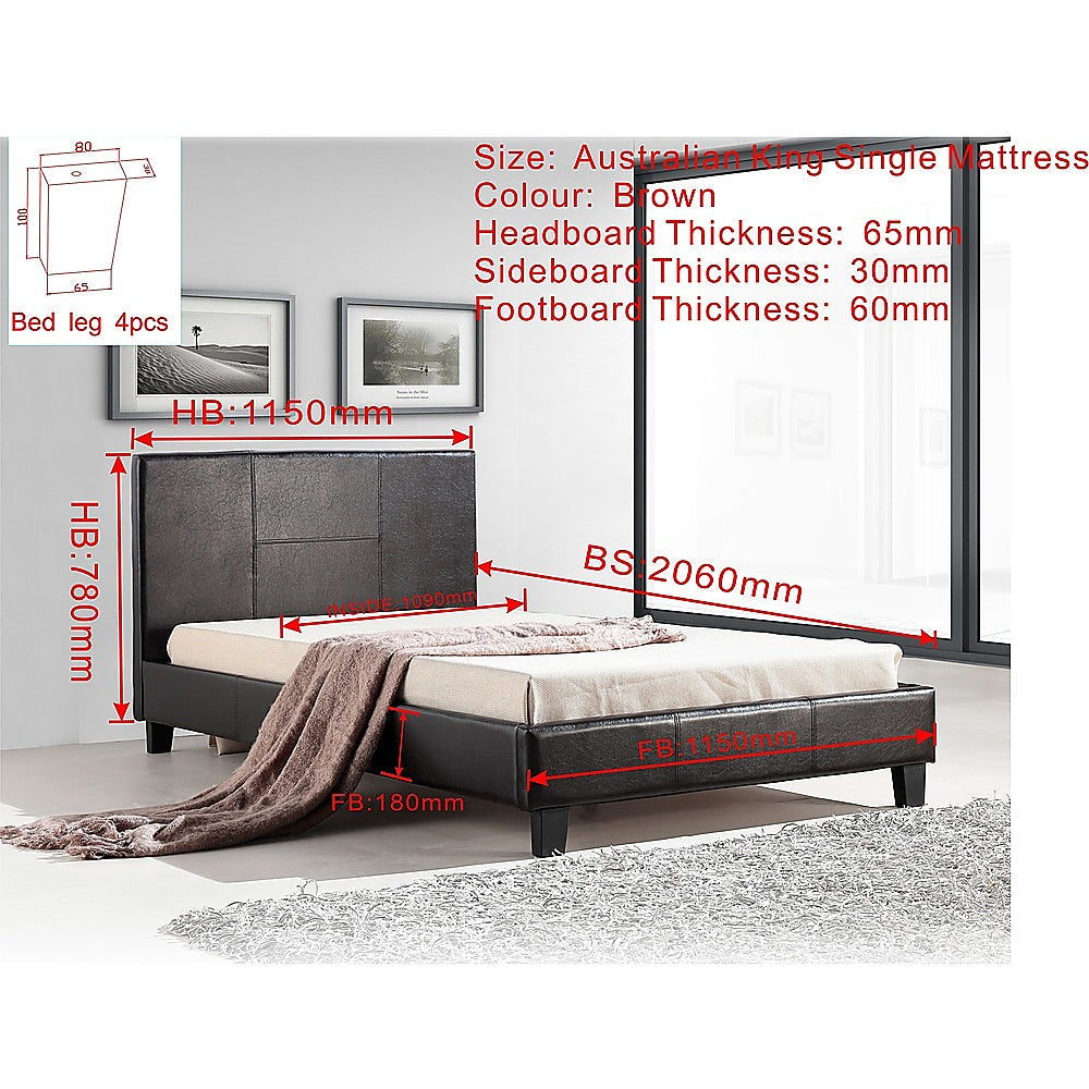 King Single PU Leather Bed Frame Brown-Furniture &gt; Bedroom-PEROZ Accessories